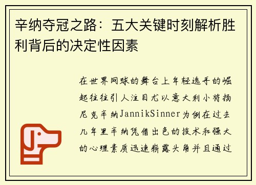 辛纳夺冠之路：五大关键时刻解析胜利背后的决定性因素